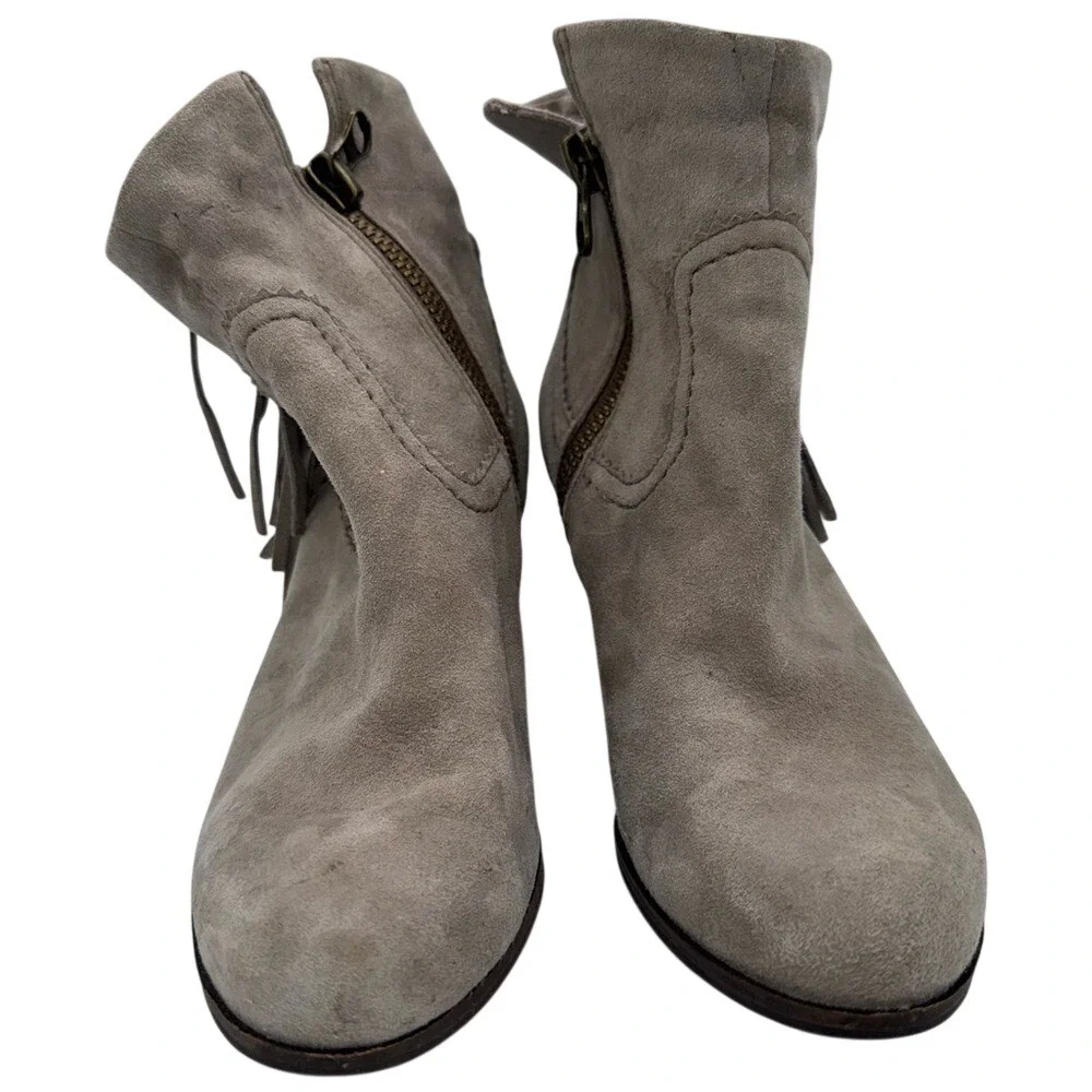 Sam Edelman Taupe Suede Fringe Ankle Booties Stacked Heel Women's 8, EUC‎